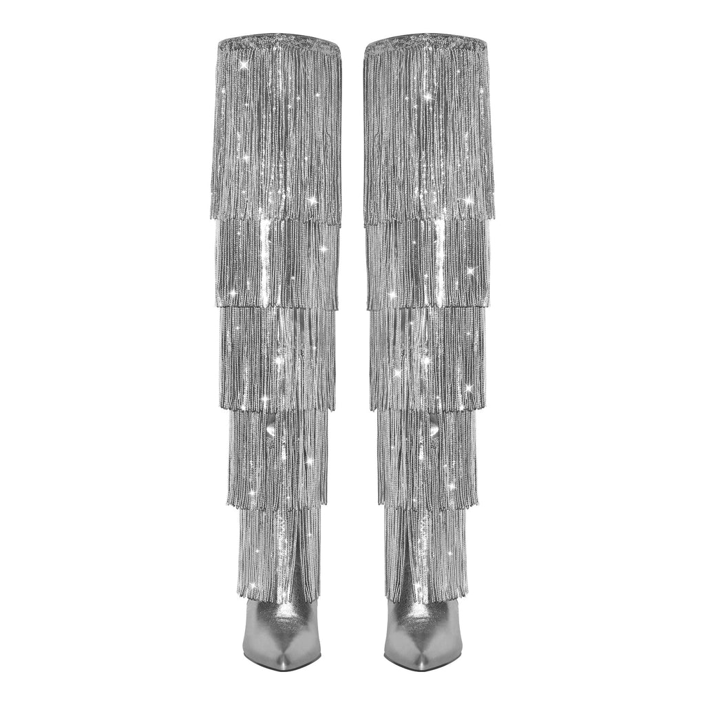 Pointed Toe Stiletto Fringe Metallic Over The Knee Boots