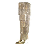 Load image into Gallery viewer, Pointed Toe Stiletto Fringe Metallic Over The Knee Boots
