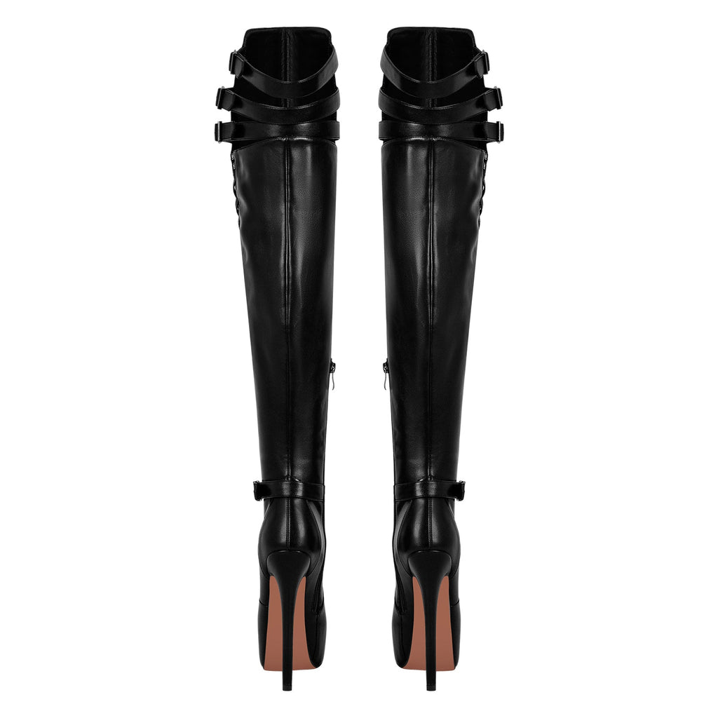 Round Toe Stiletto Platform Over The Knee Buckle Boots