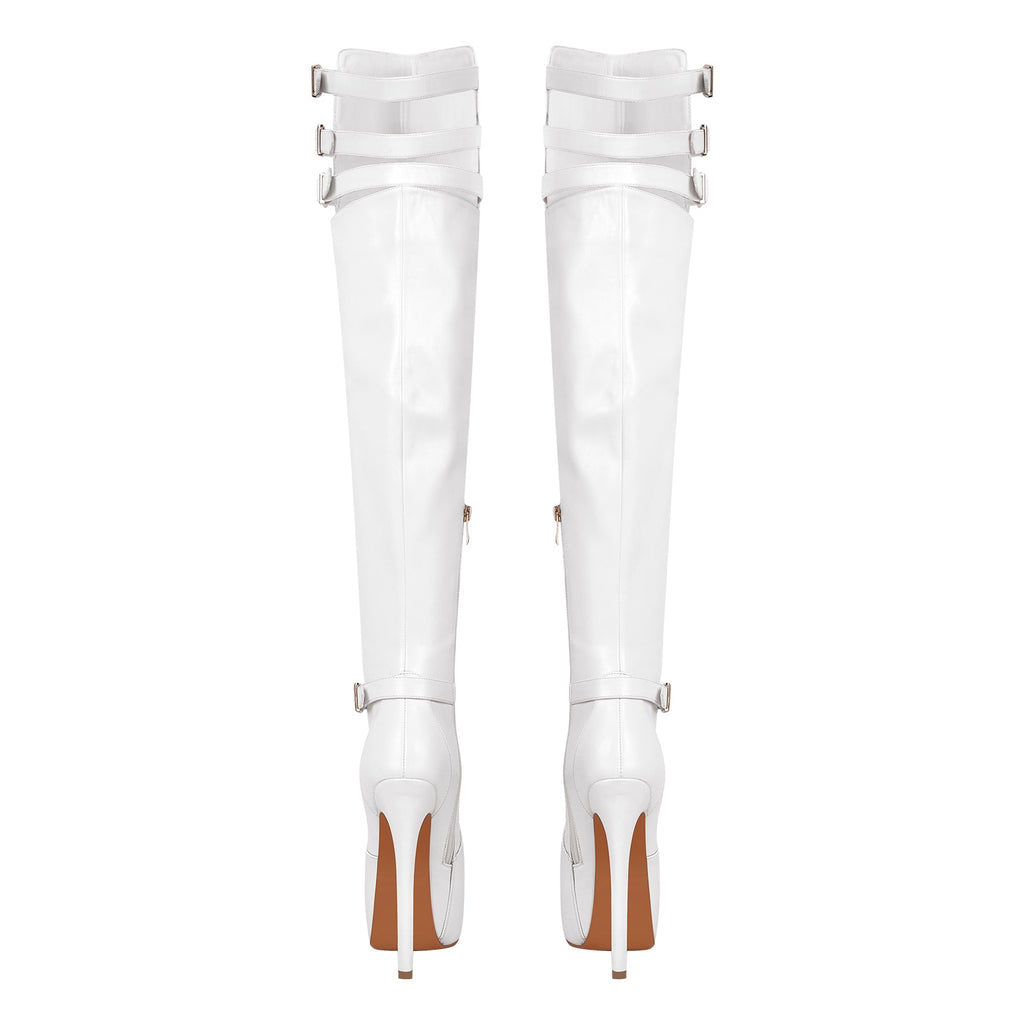Round Toe Stiletto Platform Over The Knee Buckle Boots