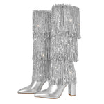 Load image into Gallery viewer, Pointed Toe Chunky Heel Fringe Sequin Boots
