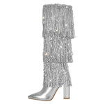 Load image into Gallery viewer, Pointed Toe Chunky Heel Fringe Sequin Boots
