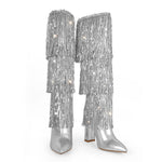 Load image into Gallery viewer, Pointed Toe Chunky Heel Fringe Sequin Boots
