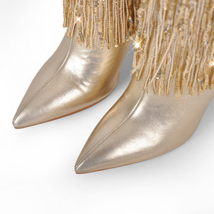 Pointed Toe Chunky Heel Fringe Sequin Boots