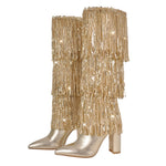 Load image into Gallery viewer, Pointed Toe Chunky Heel Fringe Sequin Boots
