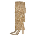 Load image into Gallery viewer, Pointed Toe Chunky Heel Fringe Sequin Boots
