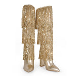 Load image into Gallery viewer, Pointed Toe Chunky Heel Fringe Sequin Boots
