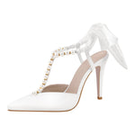 Load image into Gallery viewer, White Pearl Pointed Toe Stiletto Bow Pumps
