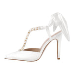 Load image into Gallery viewer, White Pearl Pointed Toe Stiletto Bow Pumps
