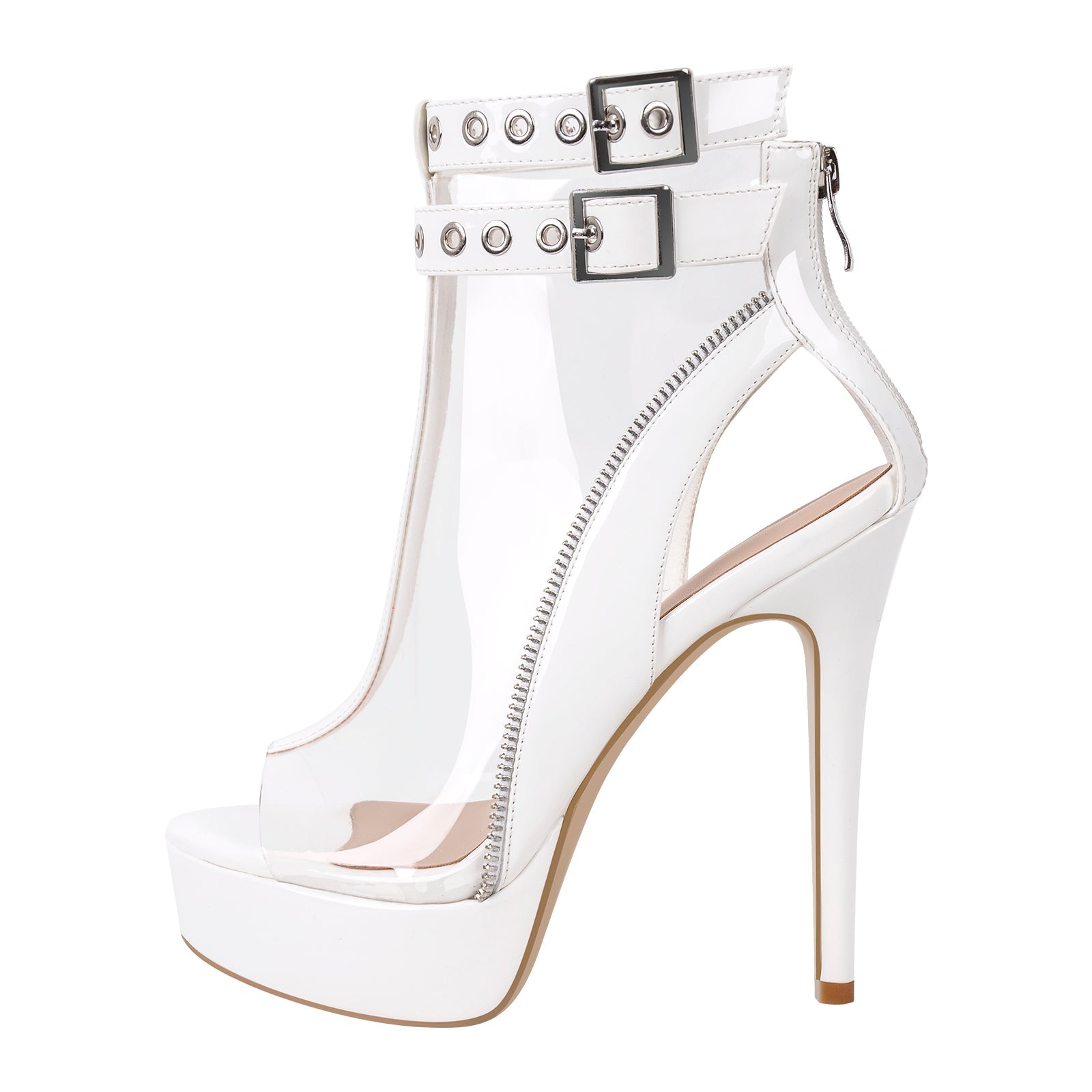 Clear Open Toe Stiletto Buckle Zipper Platform Sandals