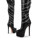 Load image into Gallery viewer, Metal Chain Round Toe Stiletto Over The Knee Boots
