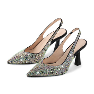 Pointed Toe Rhinestone Kitten Heel Slingback Pumps