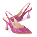 Load image into Gallery viewer, Pointed Toe Rhinestone Kitten Heel Slingback Pumps
