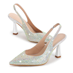 Pointed Toe Rhinestone Kitten Heel Slingback Pumps