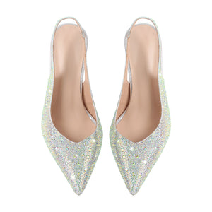 Pointed Toe Rhinestone Kitten Heel Slingback Pumps