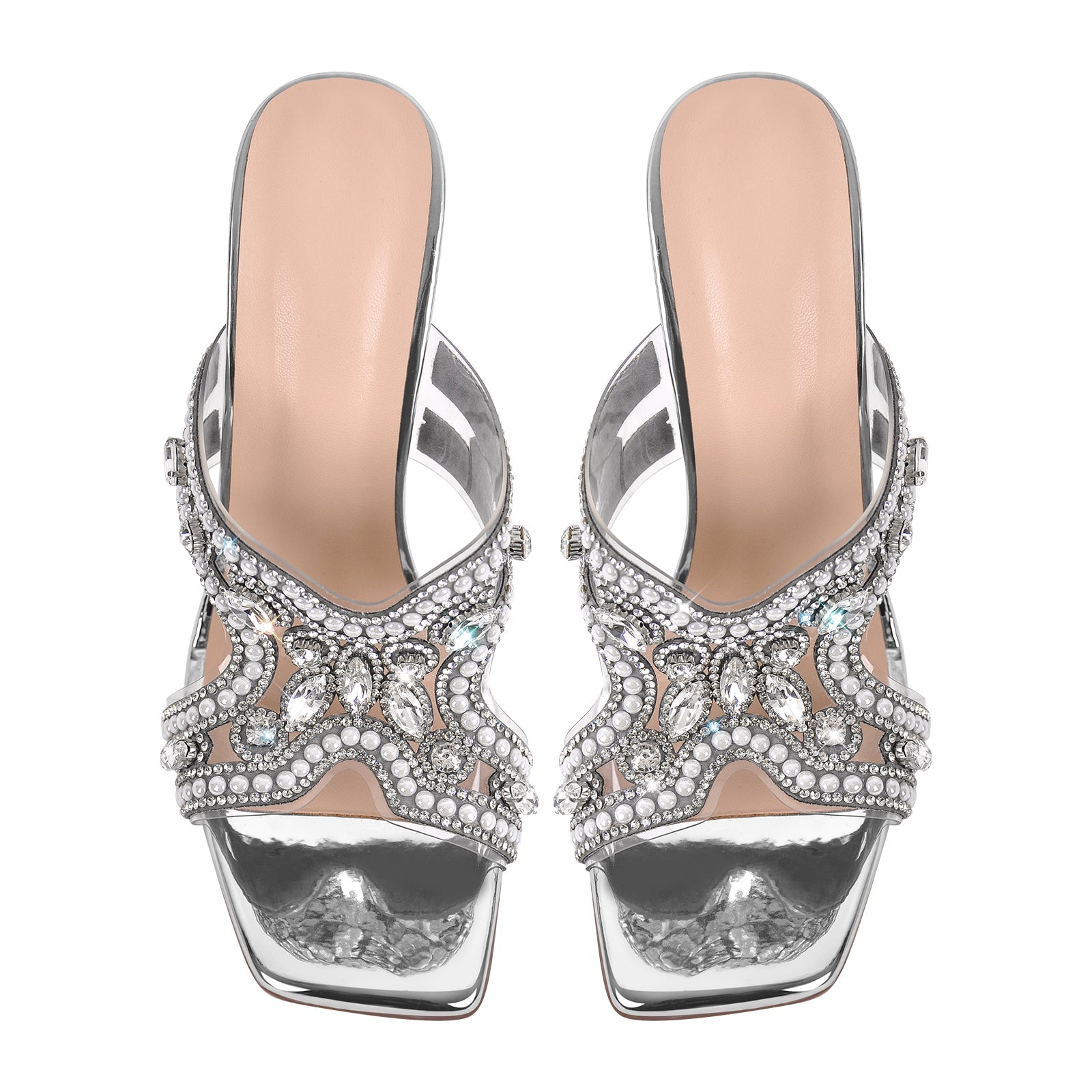 Pearl Rhinestone Square Toe Chunky Heel Sandals