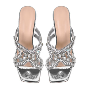 Pearl Rhinestone Square Toe Chunky Heel Sandals