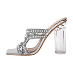 Load image into Gallery viewer, Pearl Rhinestone Square Toe Chunky Heel Sandals
