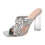 Load image into Gallery viewer, Pearl Rhinestone Square Toe Chunky Heel Sandals
