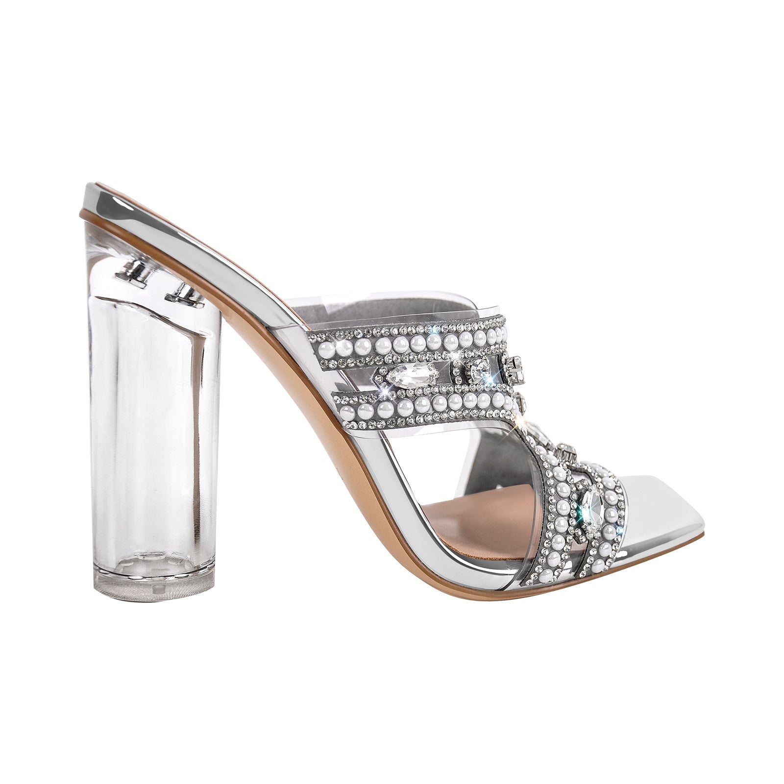 Pearl Rhinestone Square Toe Chunky Heel Sandals