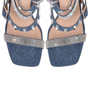 Denim Hollow Rivet Buckle Strap Bootie Sandals