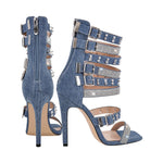 Load image into Gallery viewer, Denim Hollow Rivet Buckle Strap Bootie Sandals
