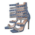 Load image into Gallery viewer, Denim Hollow Rivet Buckle Strap Bootie Sandals
