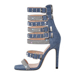 Load image into Gallery viewer, Denim Hollow Rivet Buckle Strap Bootie Sandals
