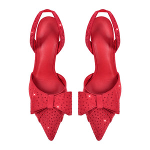 Suede Bow Rhinestone Slingback Stiletto Pumps