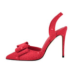 Load image into Gallery viewer, Suede Bow Rhinestone Slingback Stiletto Pumps
