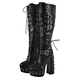 Buckle Lace-up Platform Knee High Boots