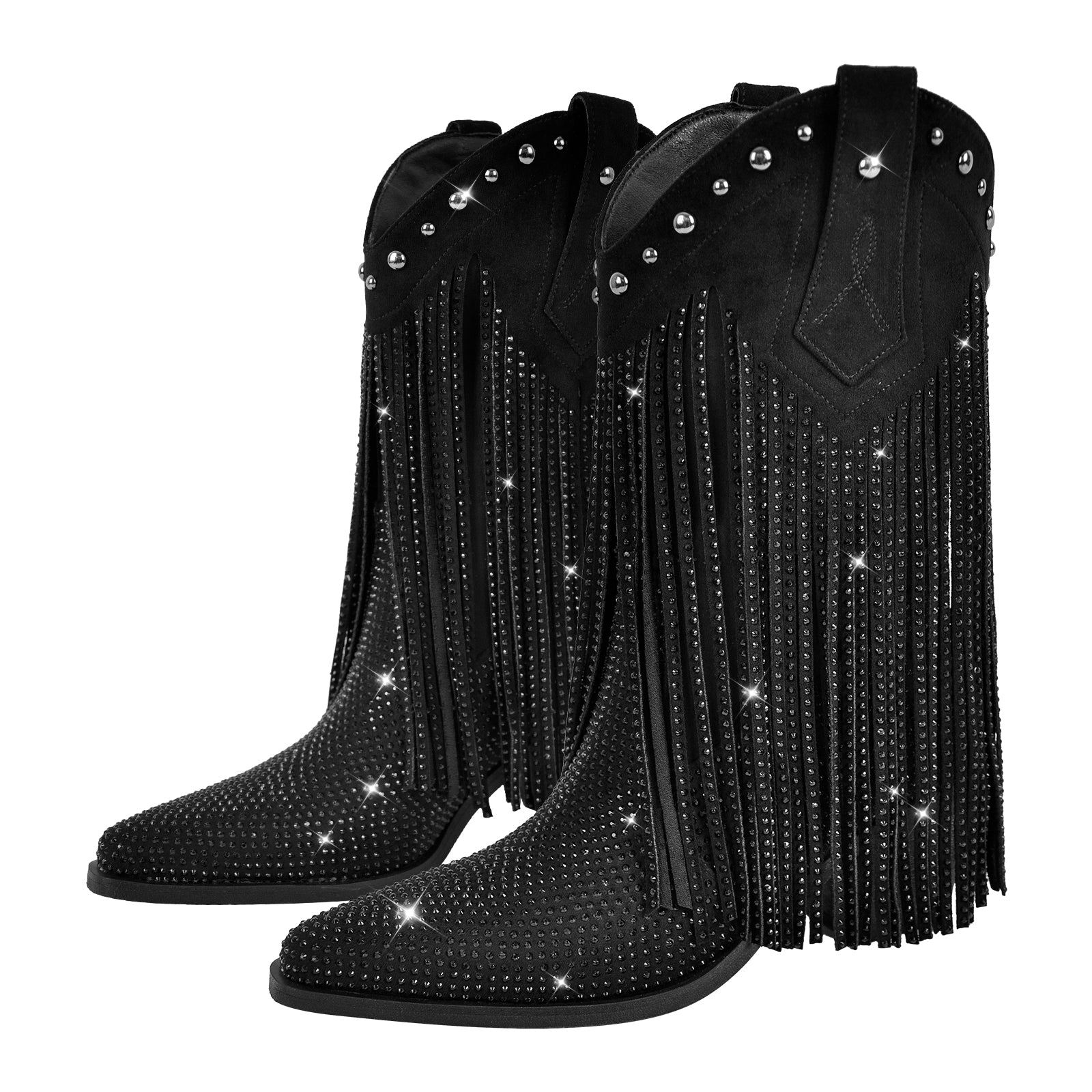 Rhinestone Pointed Toe Fringe Mid-Calf Western Boots