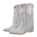 Load image into Gallery viewer, Rhinestone Pointed Toe Fringe Mid-Calf Western Boots
