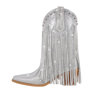 Rhinestone Pointed Toe Fringe Mid-Calf Western Boots