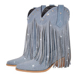 Load image into Gallery viewer, Rhinestone Pointed Toe Fringe Mid-Calf Western Boots
