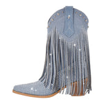 Load image into Gallery viewer, Rhinestone Pointed Toe Fringe Mid-Calf Western Boots
