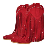 Load image into Gallery viewer, Rhinestone Pointed Toe Fringe Mid-Calf Western Boots
