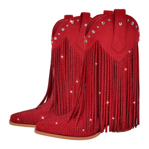 Rhinestone Pointed Toe Fringe Mid-Calf Western Boots