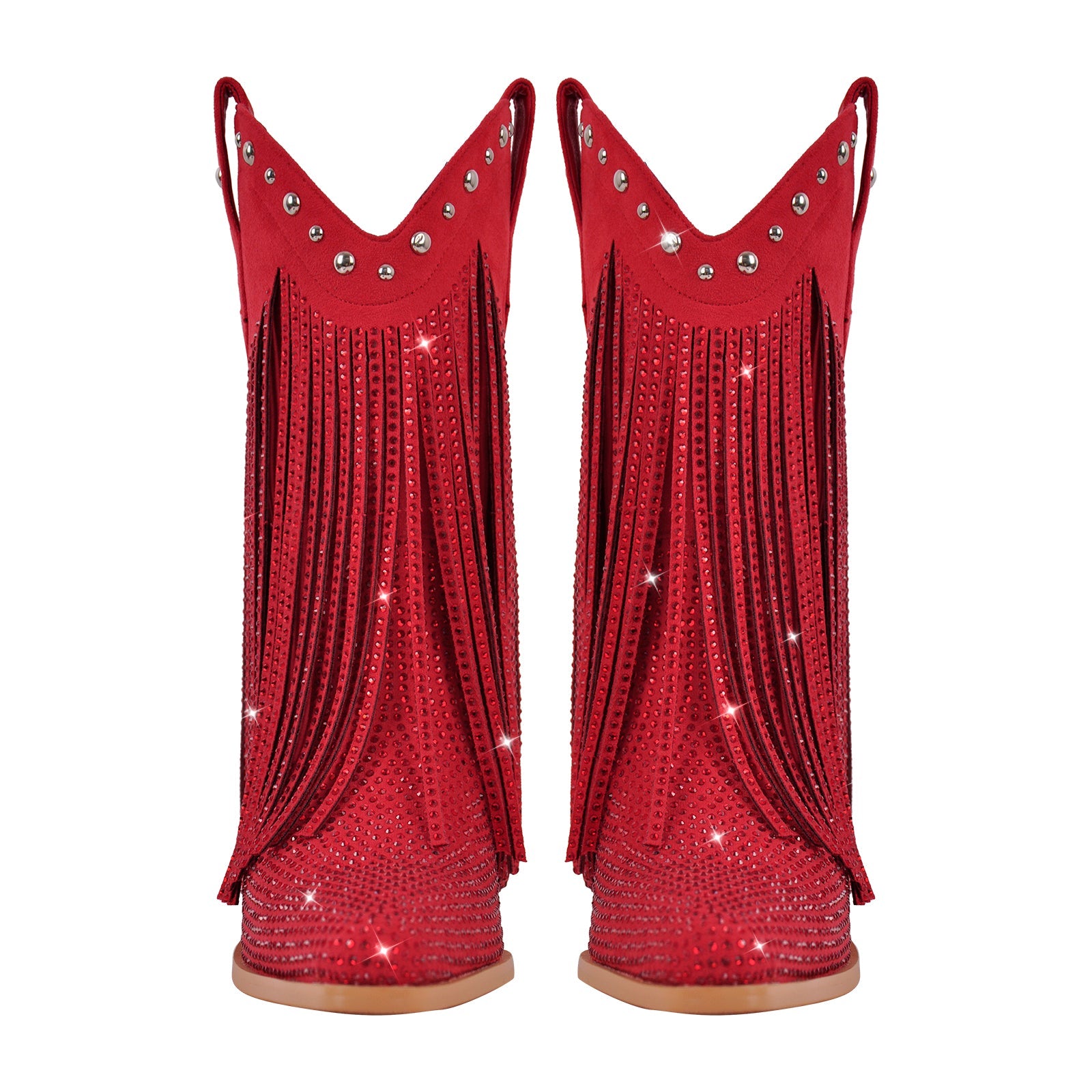 Rhinestone Pointed Toe Fringe Mid-Calf Western Boots