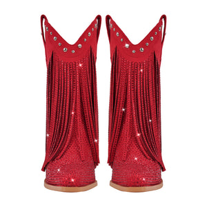 Rhinestone Pointed Toe Fringe Mid-Calf Western Boots