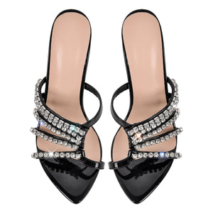 Rhinestone Pointed Toe Strap Stiletto Sandals Mules