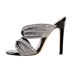 Rhinestone Round Toe Stiletto Sandals Mules