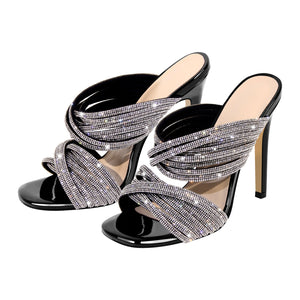 Rhinestone Round Toe Stiletto Sandals Mules