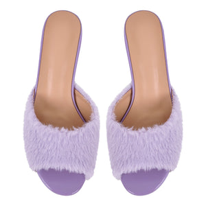 Round Toe Chunky Heel Fur Sandals Mules