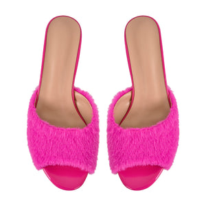 Round Toe Chunky Heel Fur Sandals Mules