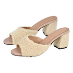 Load image into Gallery viewer, Round Toe Chunky Heel Fur Sandals Mules
