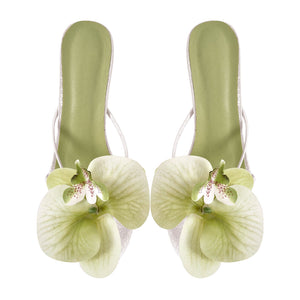 Flower Round Toe Clear Heel Thong Sandals Mules