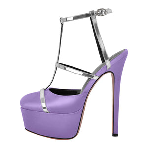 Round Toe T-Strap Platform Stiletto Pumps