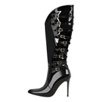 Load image into Gallery viewer, Pointed Toe Multi Buckle Stiletto Knee High Boots
