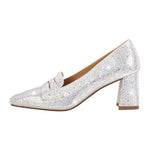 Load image into Gallery viewer, Silver Rhinestone Square Toe Chunky Heel Pumps
